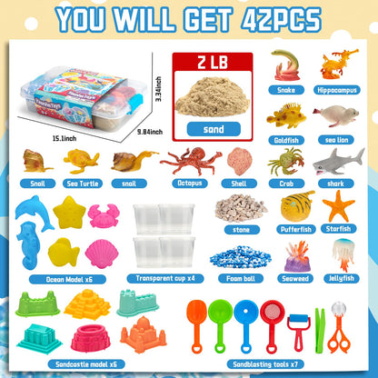Ocean&Sand Sensory Bin with Lid, 42 Pcs Sensory Sand Kit with Sea Animals for Kids, Birthday Christmas Gifts for Boys Girls, Preschool Learning Activities Tools Box, Outdoor Sandbox Toys for Toddlers