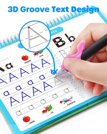 D-FantiX 4 in 1 Large Magic Grooved Writing Practice for Kids Age 3-5, Reusable Grooved Handwriting Practice for Kids 5-7, Learn to Write Number Letter Tracing Books for Kids Kindergarten Preschool