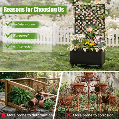 Riflevault 72" Planter Box with Trellis & Wheels, Planter Boxes Outdoor with Drainage Hole for Climbing Plants, Raised Planter with Privacy Screen, Black