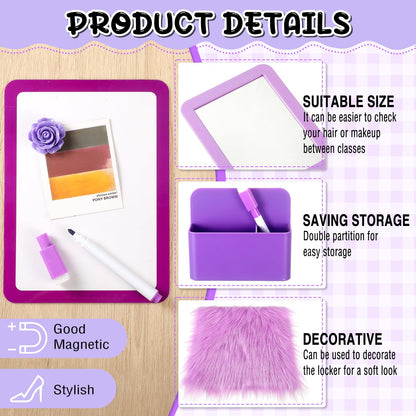 Wonderjune 12 Pcs Locker Accessories Kit Magnetic Mirror Whiteboard Pen Holder Magnet Hook Locker Wallpaper Rug Keychain Marker String Light for Back to School Essentials Decorations (Purple)