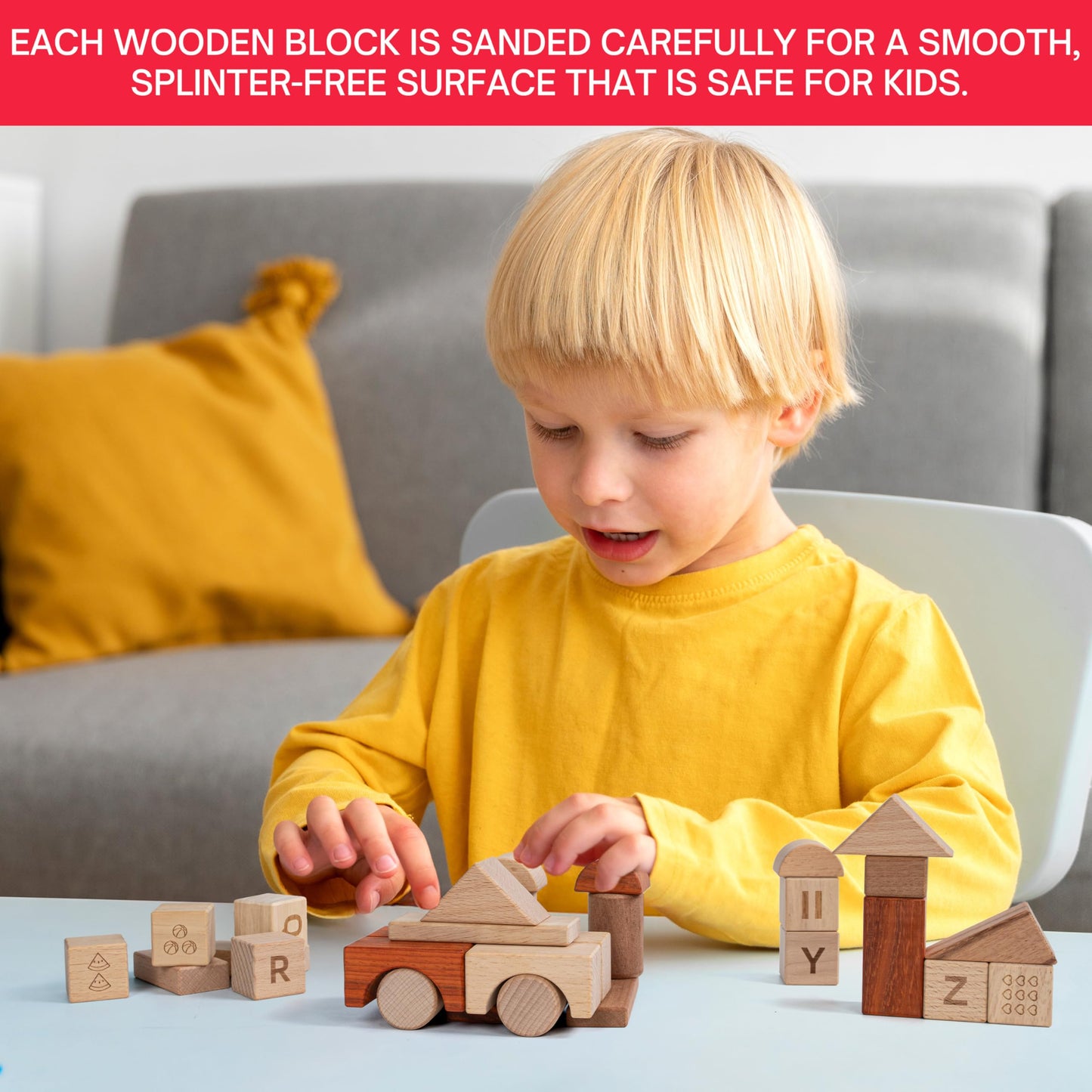 MOMOARI Alphabet Number Early Math Wooden Building Blocks Set - 86 Blocks in 6 Shapes with Wooden Storage Tray. Preschool Montessori Kids Toys. Stacking Learning Toys for Toddlers. Age 3 Years +