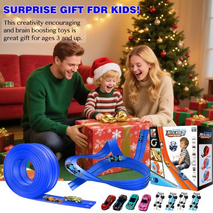 Flexible Car Track for Kids: 15 Ft of Portable Roll-Up DIY Flexible Race Track with 8 Cars & 4 Strong Suction Cups Car Ramp Toy Track, – A Great Birthday for Boys & Girls Ages 3+ (Blue)
