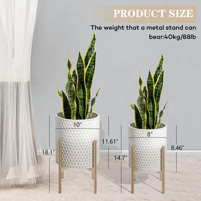 Oakrain Mid Century Planters for Indoor Plants, Set of 2, Modern Decorative Metal Planter Pots for Living Room, Office, Garden or Balcony, Gray and White Gradient Planter with Stand, 8"&10"