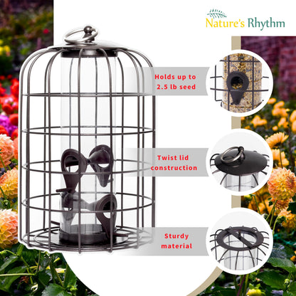Nature's Rhythm Outdoor Hanging Bird Feeder Cage PC Tube Squirrel Proof Wild Bird Feeder with Large Metal Seed Guard Deterrent Green