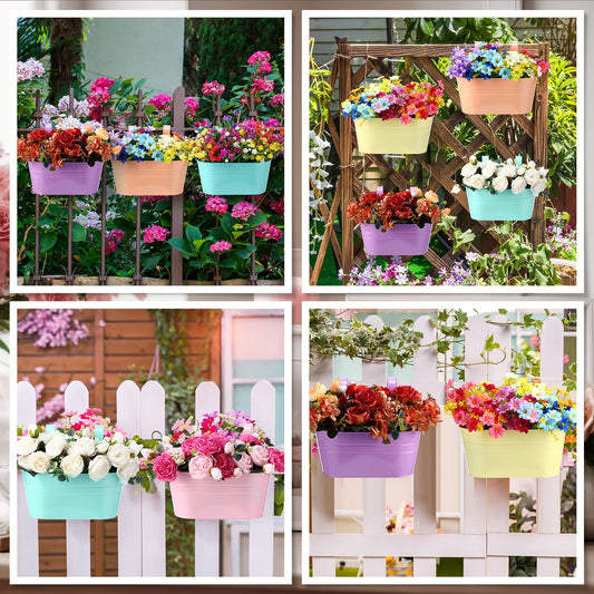 Romooa 6 Pack Hanging Flower Pot Colorful Metal Iron Bucket Fence Hanging Planters with Detachable Hook Bucket Flower Holder for Railing Balcony Garden Yard Spring Decor(Round,10.6X 5.5 x 4.7 in)