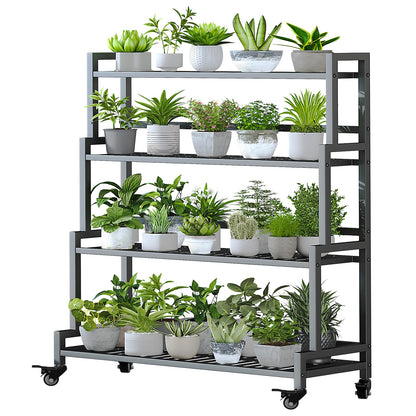YIZAJIA Plant Stand Indoor 4 Tier Metal Outdoor Tiered Stands Shelf With wheel for Multiple Plants Potted Ladder Plant Holder Table Plant Pot Stand for Window Garden Balcony Living Room (4 Tier-Black)