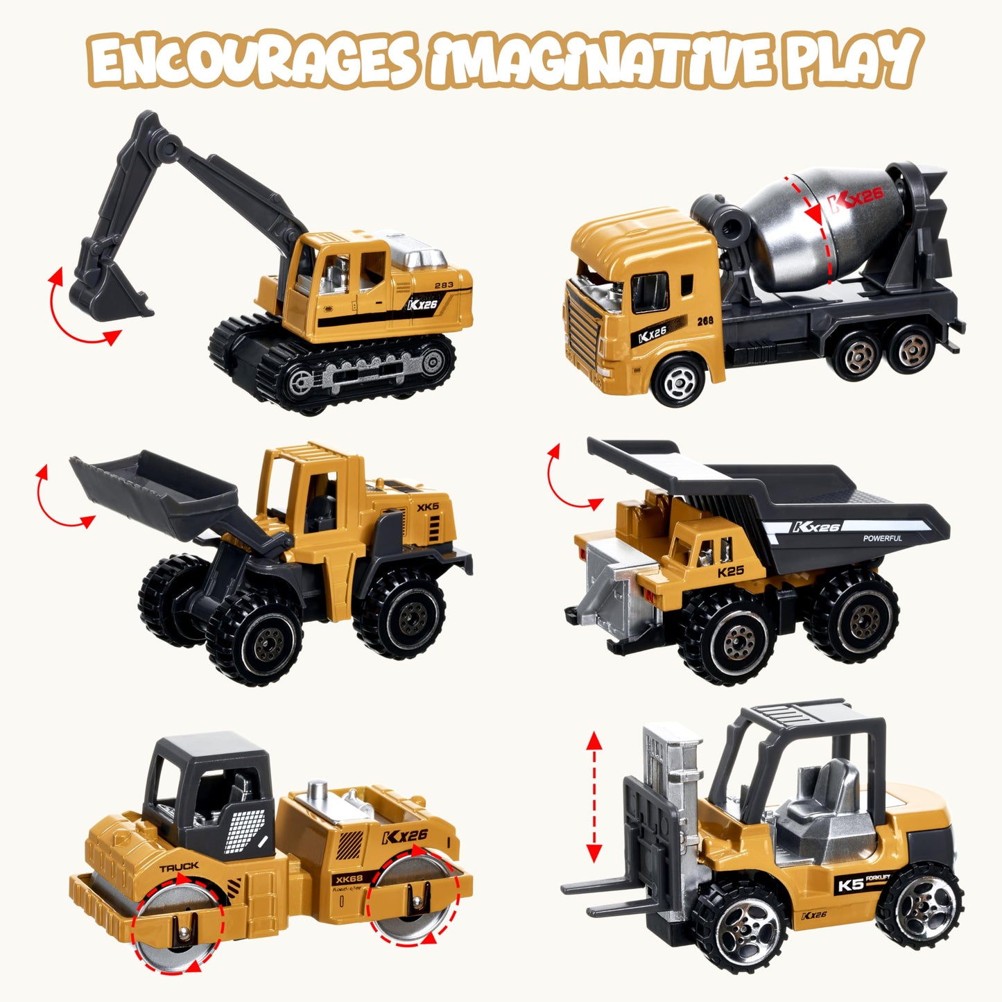 Construction Trucks Vehicles, 6Pcs Die-cast Construction Toys Set, Toys for Boys, Mini Excavator Mixer Truck Bulldozers Forklift Dump Truck,Roller, Car Playset Gift for Boys Age 3-9