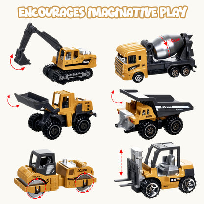 Construction Trucks Vehicles, 6Pcs Die-cast Construction Toys Set, Toys for Boys, Mini Excavator Mixer Truck Bulldozers Forklift Dump Truck,Roller, Car Playset Gift for Boys Age 3-9