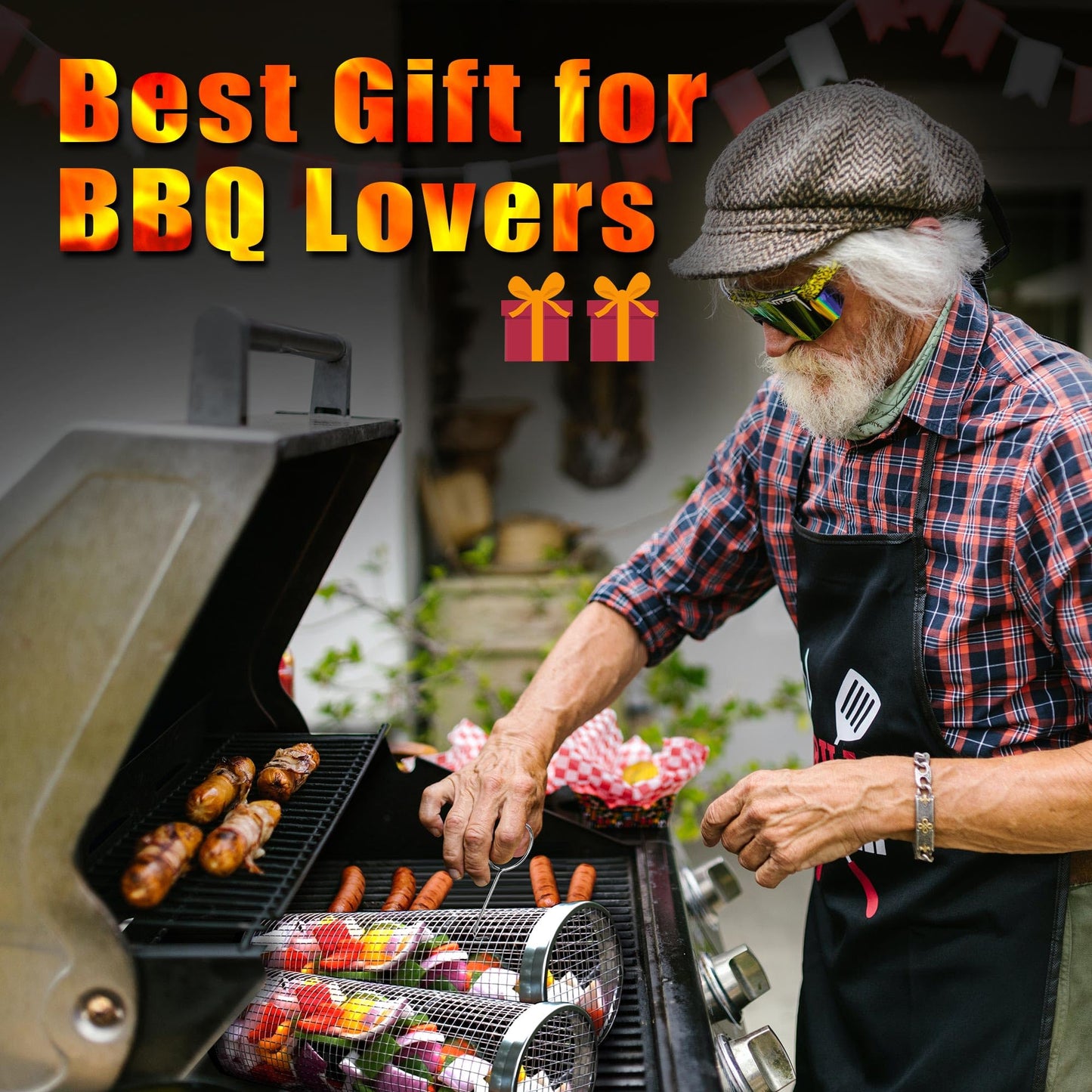 [Upgraded] Grill Basket 2 Pcs (Size XXL), Dishwasher Safe Rolling Grilling Baskets for Outdoor Grilling, Stainless Steel BBQ Grill Basket for Veggies, Grill Nets Cylinder, Gifts for Men/Dad