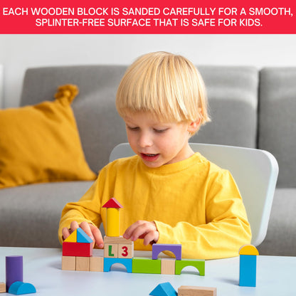 MOMOARI Alphabet Number Wooden Building Blocks Set -100 Blocks in 5 Water Paint Colors and 7 Shapes. Preschool Montessori Kids Baby Toys. Stacking Learning Toys for Toddlers. Age 18 Months +