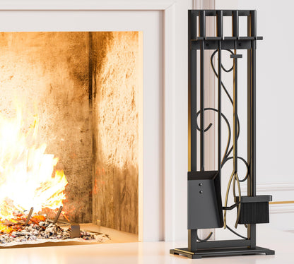 Kingson 5-Piece Heavy Duty Wrought Iron Fireplace Tool Set - Durable Indoor & Outdoor Fireplace Accessories with Decorative Black Finish - Stylish and Functional Hearth Décor for Fireplaces