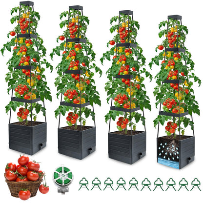MQFORU 4Pack Raised Garden Bed Planter Boxes with Trellis, 57" Self-Watering Tomato Planter Boxes with Trellis for Climbing Vegetable and Plants, Tomato Cage for Indoor Outdoor Use