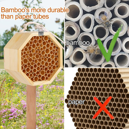 Mason Bee House - Handcrafted Natural Wooden Bee Hotel with Waterproof Wax Coating - Attracts Peaceful Pollinators, Enhances Garden Productivity