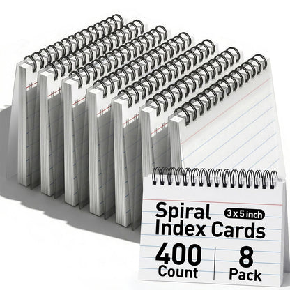 Koogel Spiral Index Cards 3x5 Ruled, 400 Count (5 Packs of 80) White Spiral Bound FlashCards with Waterproof Cover, Tear-Off Note Cards with Ring for Studying, School, Office & Memory