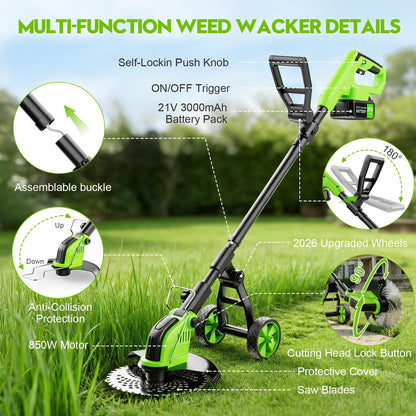 20000 RPM Electric Weed Eater Battery Powered 6000mAh, 12″ Brushless Electric Weed Wacker Cordless Wheeled Edger Trimmer, 4-in-1 Brush Cutter Heavy Duty/String Trimmer/Lawn Mower Edger, 2 Battery Tool