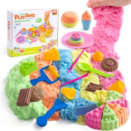 Crelloci Food Theme Magic Play Sand Kit for Kids – 2.2lb Sensory Play Sand with Burger, Hot Dog, Chips, Cake & Ice Lolly Moulds, Cutters, Roller, Fork & Spoon – Creative Sand Toys for Kids Age 3+