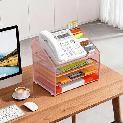 DocNest 4 Tier Metal Mesh Letter Tray - Space Saving Desk File Organizer with Handle, Pen Holder & Folder Holder - Desktop Document Sorter for Office, Home, School, Classroom - Pink