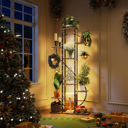 Plant Stand Indoor with Grow Lights - 62" Tall 8 Tier S-Shaped Corner Plant Shelf with 2 Hooks, Metal Flower Holder for Multiple Plants, Living Room Patio