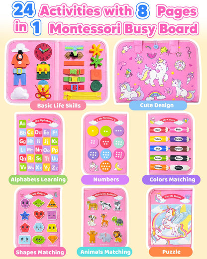 Walenty Busy Board Montessori Toys for Toddler Girl Birthday Gifts, Busy Book Sensory Learning Toys for Toddlers, Educational Activities Airplane Car Travel Toy for Girls