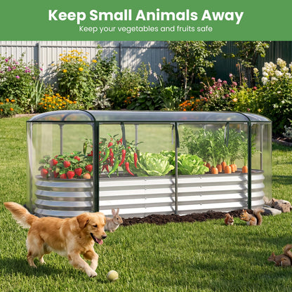 Giantex Raised Garden Bed w/Greenhouse Cover, Outdoor Oval Metal Steel Planter Box w/Roll-up Window, Clear PVC Mini Greenhouse for Vegetables Flowers Herbs Outdoor Patio Gardening, 6x2x1 FT (Silver)