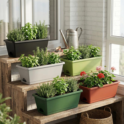 7 Pack Outdoor Planters, Plastic Rectangular Flower Pots with Saucers and Gardening Tools, 17 Inches for Indoor/Outdoor Plants, Herbs, Vegetables, Includes Trowel, Waterproof Mat & Gloves(Offwhite)