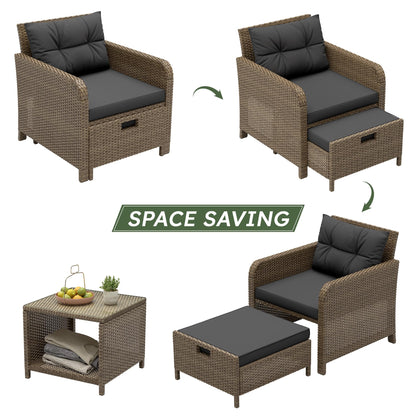 LHBcraft Balcony Furniture 5 Piece Patio Conversation Set, PE Wicker Rattan Outdoor Lounge Chairs with Soft Cushions 2 Ottoman-Glass Table for Porch