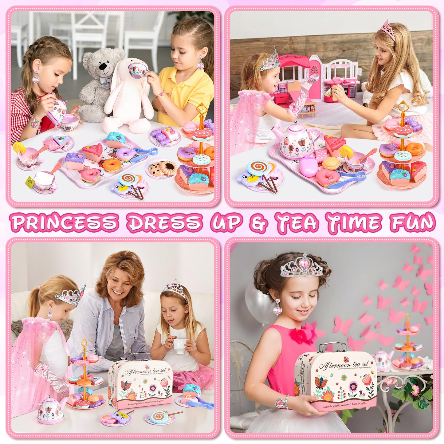 Tea Party Set for Little Girls, 63Pcs Pretend Play Toys, Princess Dress Up Tea Time, Tin Tea Sets for Toddlers 3-5 6 with Dessert, Carrying Case, Kids Kitchen Playset, Birthday Gift for Toddler Girls