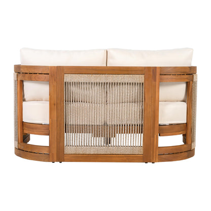Merax 4-Piece Patio Premium Acacia Wood Outdoor Furniture Set,All Weather Curved Tub Design with Woven Rope Accents Loveseat Chairs and Table for Backyard, Balcony and Deck,Teak+ Beige