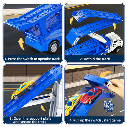 Transport Truck Toys for 3 4 5 6 7 Years Old Boys,Toys Cars Track Set Transporter Trucks with 12 Die-Cast Car Toys 2 Race catapults Dual-Track Model,Toddler Car Toy Set for Kids Boys Girls