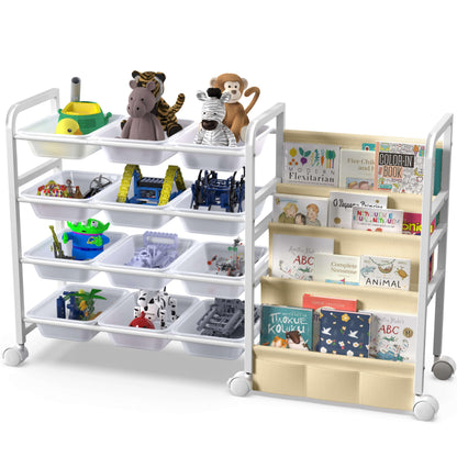 WGOHOSE Kids Toy Storage Organizer with Bookshelf & Fabric Book Sling, 12 Bins, Rolling Wheels, Metal Frame Toy Bin Shelf, Toy Box Organizer for Playroom Bedroom Nursery, White