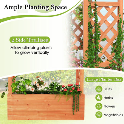 HAPPYGRILL Raised Garden Bed with Trellis, Freestanding Wood Planter Box w/Hanging Roof & 4 Drainage Holes for Vine, Climbing Plants, Flowers, Outdoor Planter with Trellis for Garden, Patio, Yard