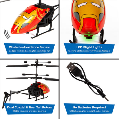 World Tech Toys Marvel Iron Man RC Helicopter – Easy‑Fly Remote Control Helicopter with LED Lights, Durable Body, Coaxial & Rear Rotors – Kids 8+