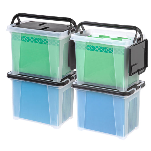 IRIS USA File Box File Organizer w/Wing Lid for Letter/Legal File, Water Resistant Document Box, BPA-Free Plastic Storage Bin Organizer with Handles, Stackable, Nestable, Clear 18 Qt. 4Pack