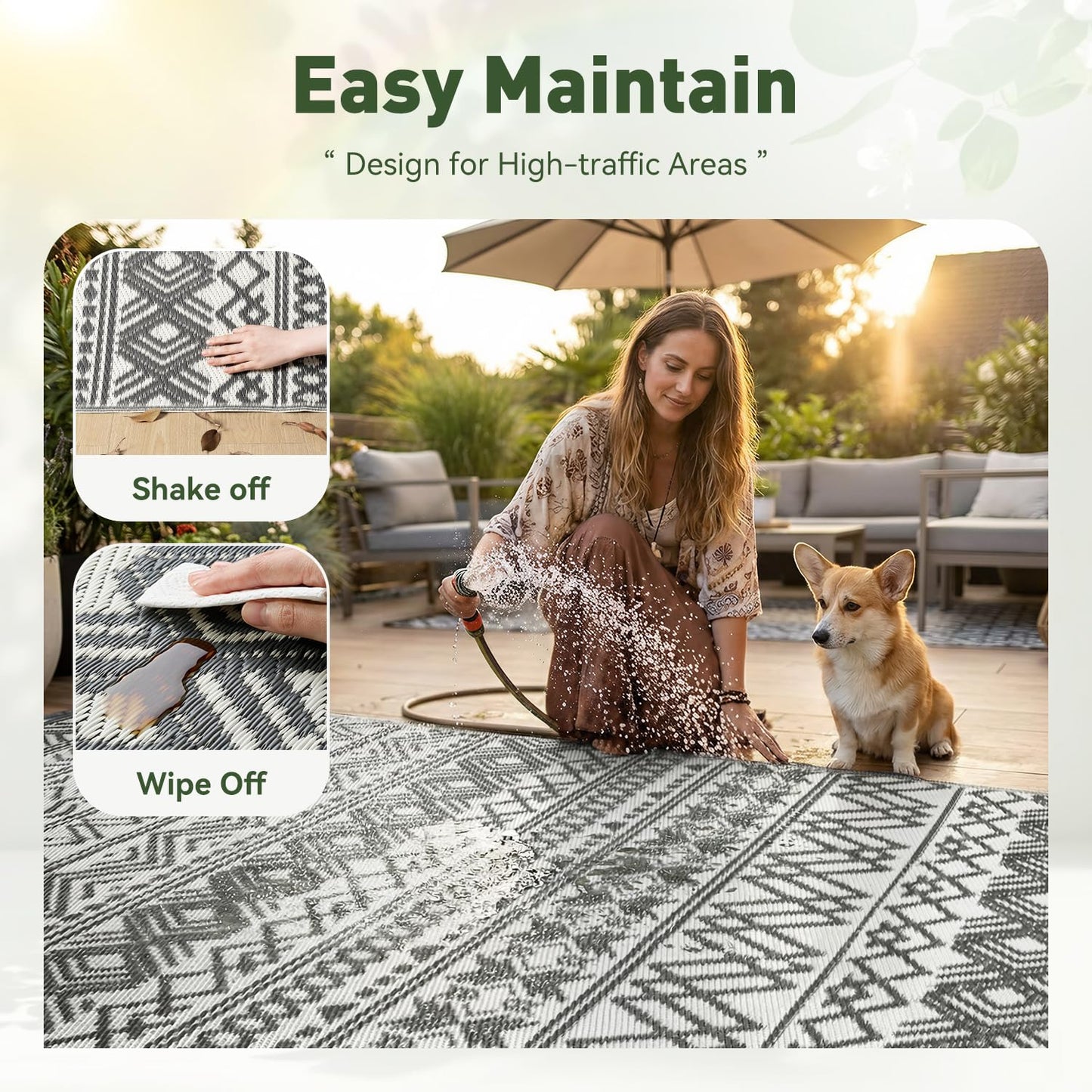 MontVoo Outdoor Rug 8x10 Waterproof Outdoor Patio Rug Mat Reverisble Plastic Straw Outdoor Rug for RV Camping Picnic Beach Balcony Boho Grey