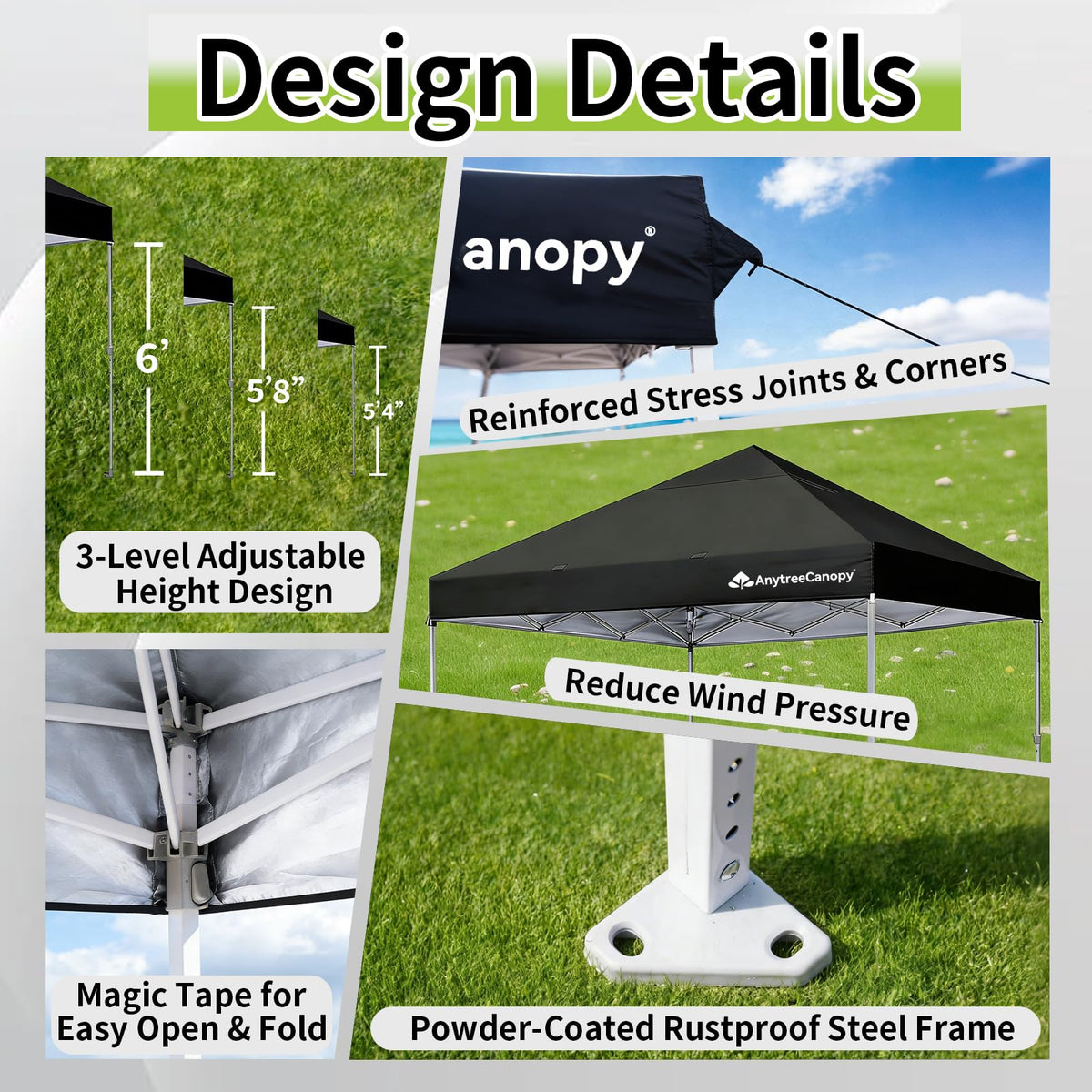 Anytee-10x10 Pop Up Canopy Tent, Easy Up Waterproof Outdoor Canopy with Wheeled Bag, Sun Shade for Patio, Backyard, Parties, Camping-Black