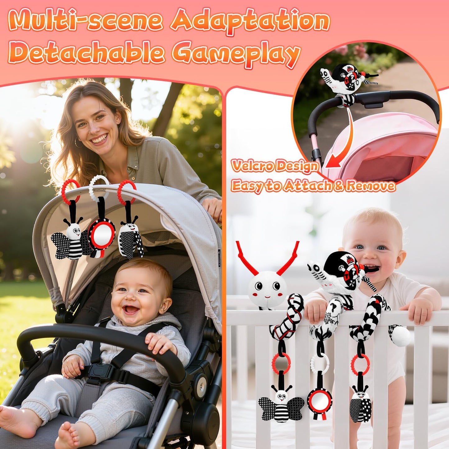 Zendstanding High Contrast Baby Toys for Newborn, Black and White Baby Sensory Toys 0-12 Months with Car Seat Toys & Soft Plush Toy, Activity Hanging Toys Velcro for Stroller Toys Baby Gifts