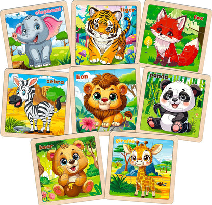 Wooden Animals Puzzles for Toddlers 2-4, 8 Pack 9 PCS Jigsaw Puzzles for Kids 2-4, Wooden Puzzles for Toddlers 3-5, Animal Puzzles for Kids 3-5, Preschool Puzzles Learning Educational Sets Toys