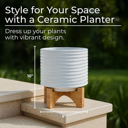 Ceramic Planter with Bamboo Stand – Modern Home Decor Indoor Plant Pot with Textured Stoneware Design – Decorative Planter with Legs for Living Room, Bedroom, Office, Patio, or Garden - 8", White