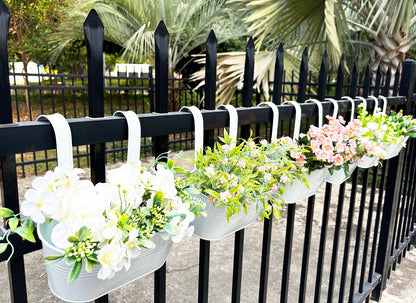 Joyfernal 10" Hanging Flower Pots, Pack of 8 White Metal Outdoor Patio Balcony Planter, Railing Planters Fence Pot with Detachable Hook & Drainage Hole for Small Plants (White, 8Pcs)