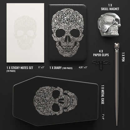 Death Decor Gothic Stationery Gift Set – Journal Notebook, Sticky Notes, Bat Paper Clips & Skull Magnet – Dark Aesthetic Writing Journal for Office, School, Halloween & Gifts