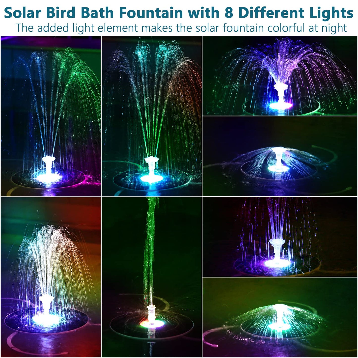 AISITIN 6.5W Solar Fountain for Bird Bath with 3000mAh Battery & Color Changing LED Light, 3 Anti-Drift Fixed Bracket & 8 Nozzles, Solar Water Fountain for Bird Bath, Garden, Pond, Patio, Courtyard