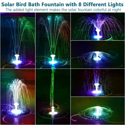 AISITIN 6.5W Solar Fountain for Bird Bath with 3000mAh Battery & Color Changing LED Light, 3 Anti-Drift Fixed Bracket & 8 Nozzles, Solar Water Fountain for Bird Bath, Garden, Pond, Patio, Courtyard