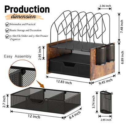 Boershun Wood Desk Organizer - 2-Tier Desktop File Organizer with Drawer with Vertical File Holder, Wooden Paper Tray, Office Desk Organzier and Accessories for Papers, Mail, Notebooks, Stationery