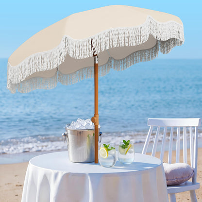 AreShark 7ft Patio Umbrella with Fringe, UPF50+ Beach Umbrella for Table, Pool & Garden, Portable Outdoor Tassels Umbrella w/Fiberglass Ribs&Push Bottom Tilt(Ivory)