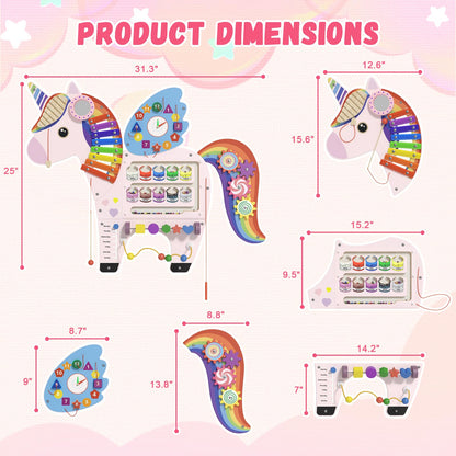 Spacocld Unicorn Activity Wall Busy Board Panels - Sensory Wall Panel for Kids, Montessori Toddler Wall Activity Board, Wall Toys for Toddlers 3, Activity Cube, Perfect for Toddler Playroom, Pink