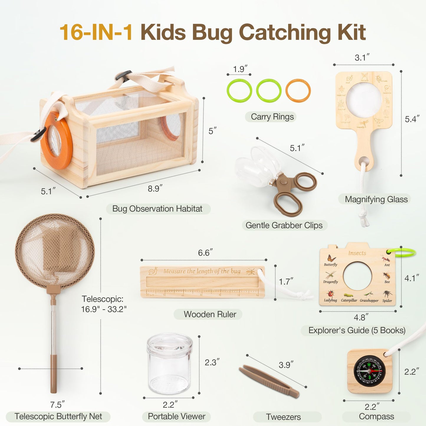 Wooden Bug Catcher Kit for Kids, 16-in-1 Outside Toys for Toddlers STEM Outdoor Explorer Set with 3-Way Observation Habitat, Butterfly Net, Magnifying Glass, Educational Gift for Boys Girls Ages 3-8