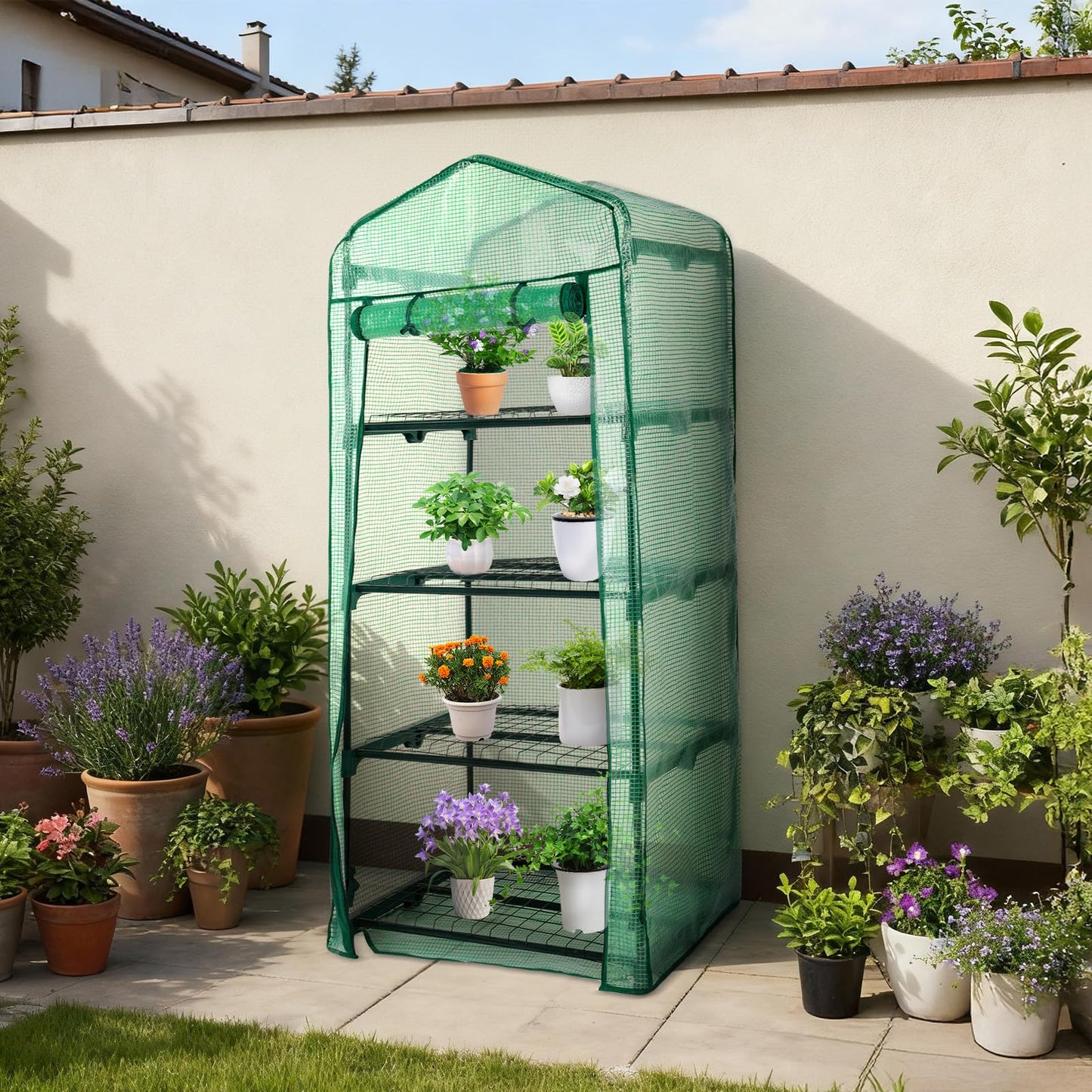Aoodor 27x19x63 Inch 4 Tier Upgrade Greenhouse with Protective PE/PVC Base for Tidier and Cleaner Indoor Outdoor Gardening on The Deck, Patio or Backyard, Green