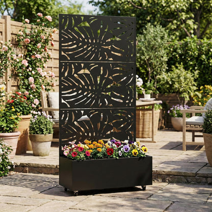 Qatiby Metal Raised Garden Bed with Trellis and Wheels, 71"x35"x16" Planter Box with Privacy Screen & Drainage Holes, Mobile Outdoor Garden Bed for Climbing Plants, Vegetables, Flowers (Black-Summer)