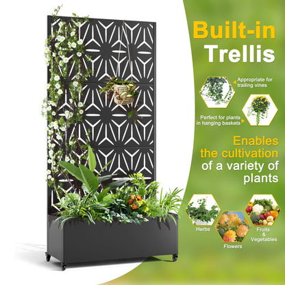 FENCY Metal Raised Garden Bed with Wheels and Trellis,73"x35"x16" Planter Box for Climbing Plants, Vegetables & Vines, Features Privacy Screen and Drainage Holes (Black-Star)