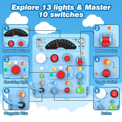 Busy Board Montessori Toys for Toddlers 1 2 3 4 Year Old with 13 LED Lights, Sensory Board Toys Educational Learning for Toddlers, Activity Toy Christmas Birthday Gifts for 1+ Year Old Boys and Girls